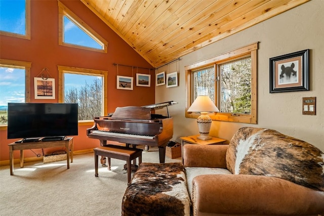 188 June Grass Ct, Fairplay, CO 80440 - sitting room featuring vaulted ceiling, carpet, healthy amount of natural light, and wood ceiling