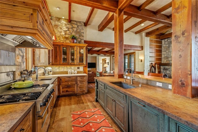 32855 More Ln, Steamboat Springs, CO 80487 - kitchen with high end stainless steel range, a sink, light wood-style floors, premium range hood, and beam ceiling