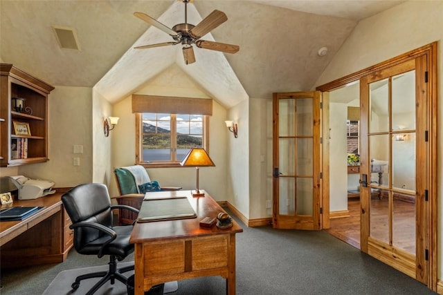 32855 More Ln, Steamboat Springs, CO 80487 - office space with vaulted ceiling, a ceiling fan, carpet flooring, and baseboards