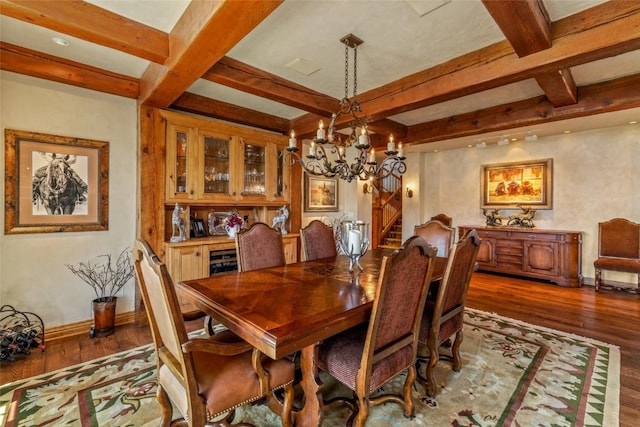 32855 More Ln, Steamboat Springs, CO 80487 - dining area featuring wood finished floors, beamed ceiling, a chandelier, baseboards, and coffered ceiling