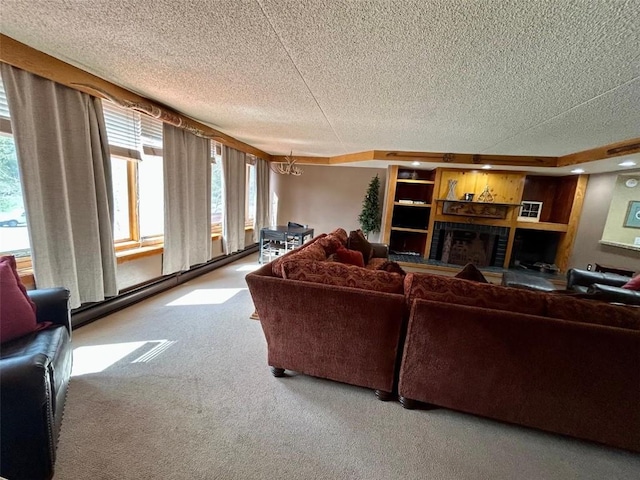 22340 US Highway 6 Unit 1788, Keystone, CO 80435 - living room with carpet floors, a textured ceiling, and a fireplace with raised hearth