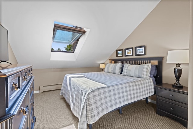 100 S Park Ave Unit E321, Breckenridge, CO 80424 - carpeted bedroom featuring vaulted ceiling, a baseboard radiator, and a skylight