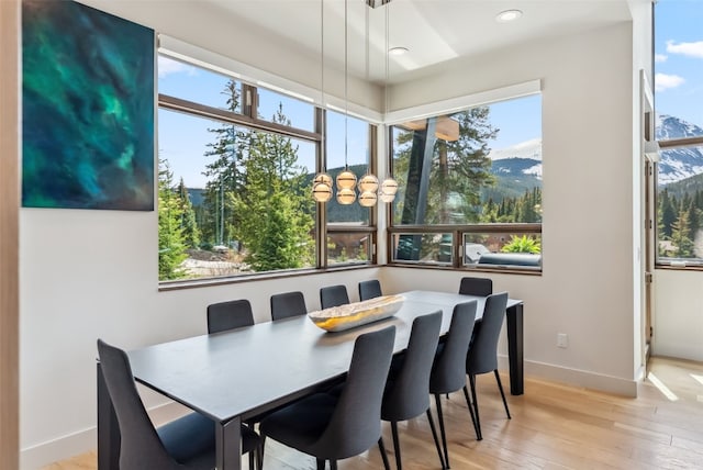 427 Whispering Pines Cir, Blue River, CO 80424 - dining space featuring a chandelier, hardwood / wood-style flooring, baseboards, healthy amount of natural light, and recessed lighting