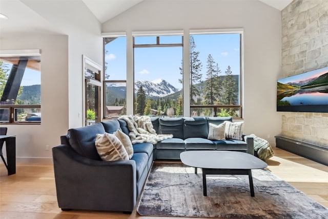 427 Whispering Pines Cir, Blue River, CO 80424 - living area featuring lofted ceiling, wood finished floors, a mountain view, and a stone fireplace