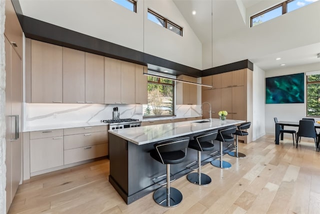 427 Whispering Pines Cir, Blue River, CO 80424 - kitchen with modern cabinets, light wood-style flooring, a breakfast bar, decorative backsplash, and recessed lighting