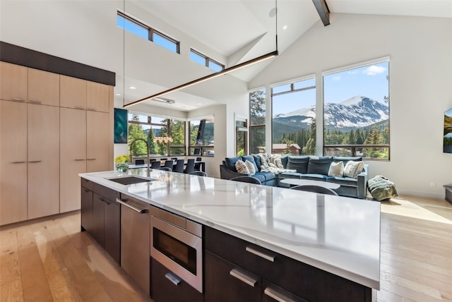 427 Whispering Pines Cir, Blue River, CO 80424 - kitchen featuring a sink, open floor plan, modern cabinets, light wood finished floors, and beamed ceiling