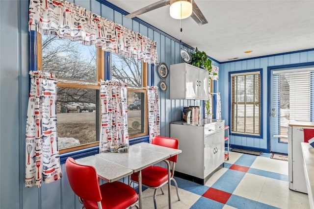 399 E Jefferson Ave, Hayden, CO 81639 - dining area featuring tile patterned floors, a ceiling fan, and ornamental molding
