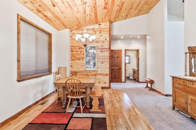 3692 County Road 7, Craig, CO 81625 - dining space featuring a chandelier, hardwood / wood-style floors, baseboards, wood ceiling, and high vaulted ceiling