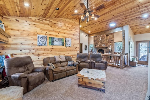 3692 County Road 7, Craig, CO 81625 - carpeted living room featuring ceiling fan, lofted ceiling, recessed lighting, wood ceiling, and a fireplace