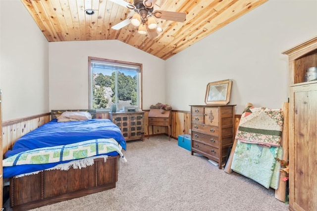 3692 County Road 7, Craig, CO 81625 - bedroom featuring vaulted ceiling, carpet, wainscoting, wooden ceiling, and a ceiling fan