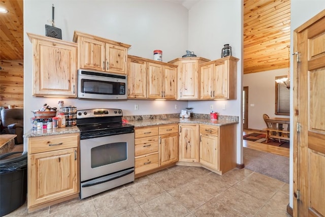 3692 County Road 7, Craig, CO 81625 - kitchen featuring stainless steel appliances, light brown cabinets, high vaulted ceiling, wooden ceiling, and light tile patterned flooring