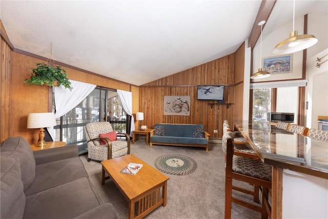 1173 Ski Hill Rd Unit 131, Breckenridge, CO 80424 - living room featuring lofted ceiling, plenty of natural light, wooden walls, and carpet floors