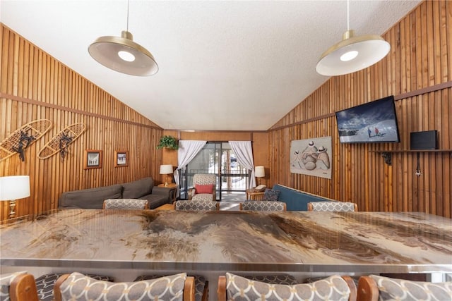 1173 Ski Hill Rd Unit 131, Breckenridge, CO 80424 - living room with vaulted ceiling, wooden walls, and a textured ceiling