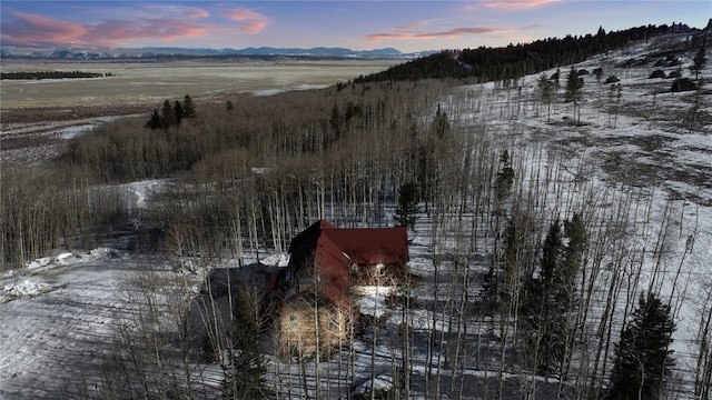snowy aerial view with a mountain view