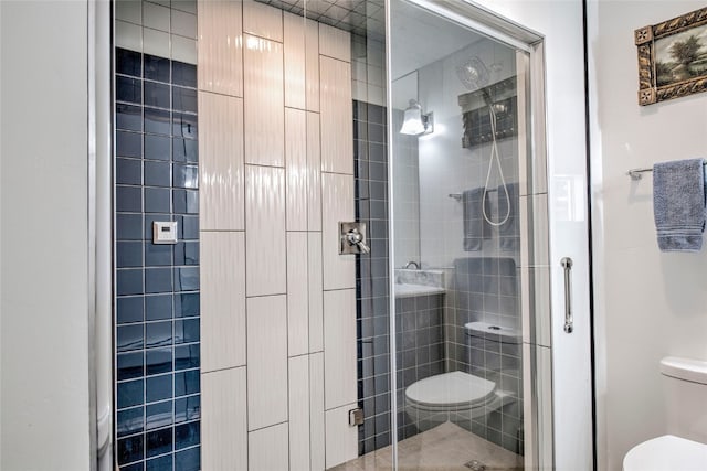 bathroom featuring a stall shower and toilet