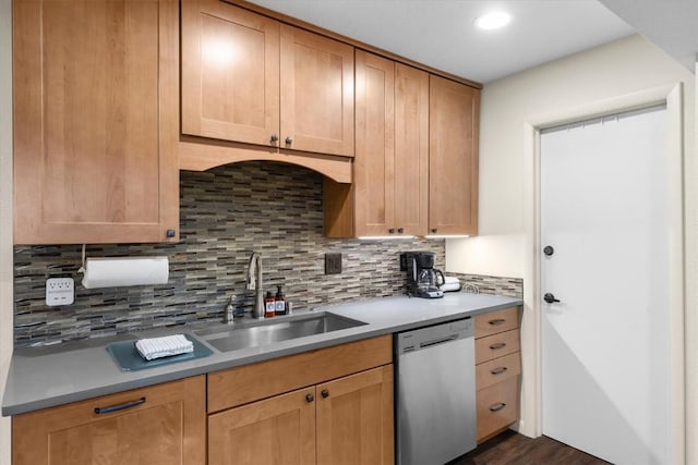 2350 Ski Trail Ln Unit 313, Steamboat Springs, CO 80487 - kitchen featuring stainless steel dishwasher, a sink, backsplash, dark wood finished floors, and recessed lighting