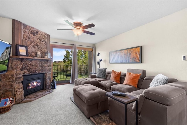 2350 Ski Trail Ln Unit 313, Steamboat Springs, CO 80487 - carpeted living area with a ceiling fan and a fireplace