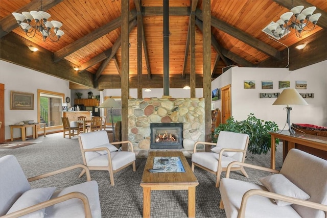2350 Ski Trail Ln Unit 313, Steamboat Springs, CO 80487 - carpeted living room featuring wood ceiling with exposed beams, high vaulted ceiling, and a fireplace