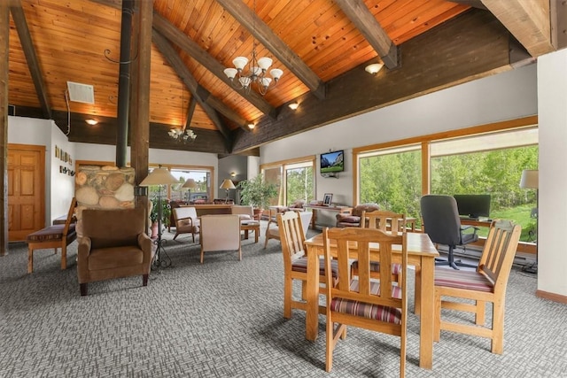 2350 Ski Trail Ln Unit 313, Steamboat Springs, CO 80487 - carpeted dining space with wooden ceiling with exposed beams, a chandelier, and high vaulted ceiling