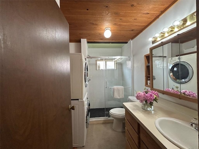 1325 Dream Island Plz Unit 55, Steamboat Springs, CO 80487 - full bathroom with stacked washing machine and dryer, wooden ceiling, vanity, and a shower stall