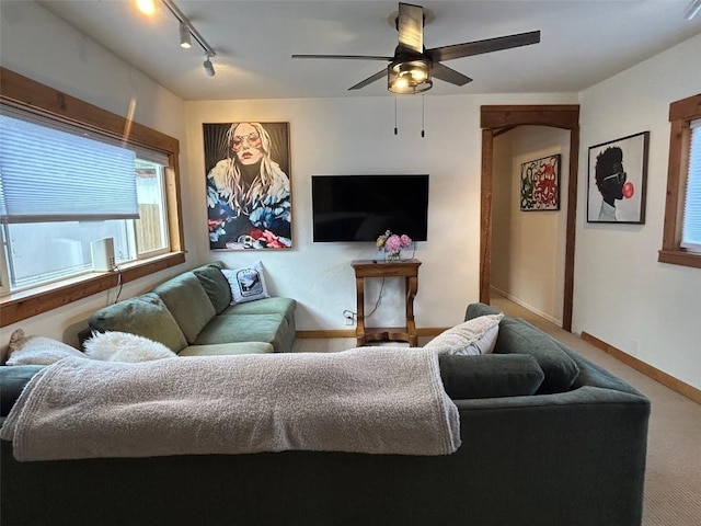 1325 Dream Island Plz Unit 55, Steamboat Springs, CO 80487 - carpeted living room with a ceiling fan and rail lighting