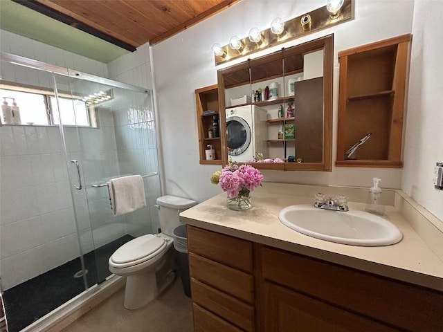 1325 Dream Island Plz Unit 55, Steamboat Springs, CO 80487 - bathroom with vanity, stacked washer / drying machine, a shower stall, and wood ceiling
