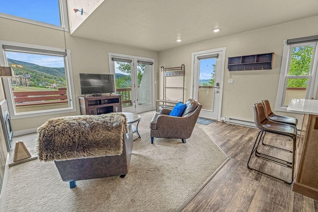 1800 Burgess Creek Rd SW Unit 209, Steamboat Springs, CO 80487 - living room featuring baseboard heating, wood finished floors, and recessed lighting