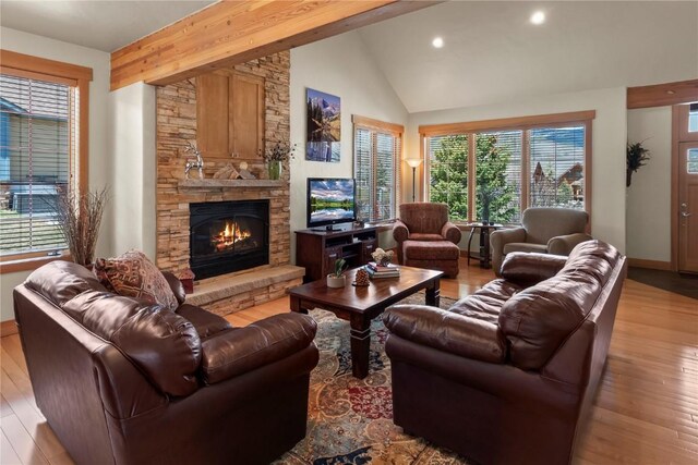 46 Sage View Ct, Dillon, CO 80435 - living area with recessed lighting, a stone fireplace, wood finished floors, and baseboards