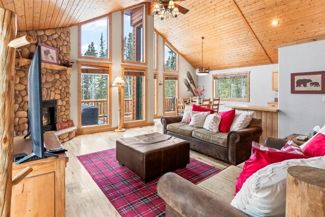 407 S Puma Pl, Fairplay, CO 80440 - living room with high vaulted ceiling, wooden ceiling, wood finished floors, and ceiling fan