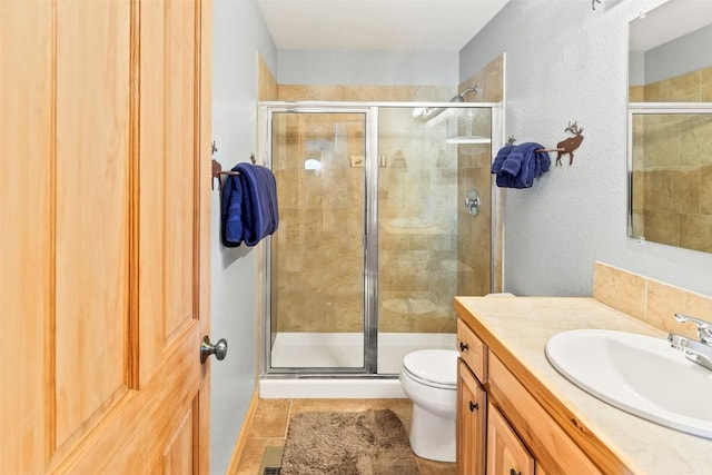 407 S Puma Pl, Fairplay, CO 80440 - bathroom featuring tile patterned floors, toilet, vanity, and a stall shower