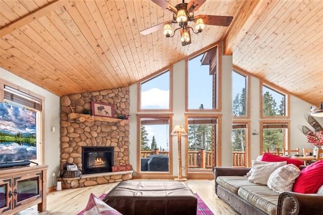 407 S Puma Pl, Fairplay, CO 80440 - living area with wooden ceiling, wood finished floors, high vaulted ceiling, and a ceiling fan
