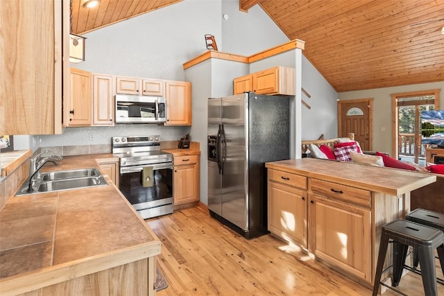 407 S Puma Pl, Fairplay, CO 80440 - kitchen with high vaulted ceiling, light brown cabinets, a sink, wood ceiling, and stainless steel appliances