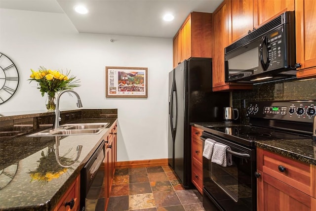 34 Highfield Trl Unit 312, Breckenridge, CO 80424 - kitchen featuring black appliances, dark stone counters, recessed lighting, dark stone finish flooring, and decorative backsplash