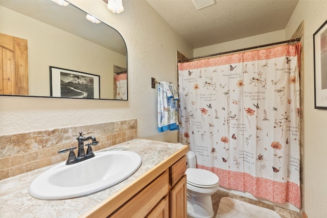 889 Venture Rd, Fairplay, CO 80440 - full bathroom featuring vanity, decorative backsplash, a textured wall, a shower with curtain, and a textured ceiling