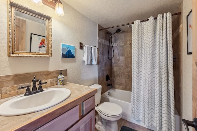 889 Venture Rd, Fairplay, CO 80440 - full bathroom featuring a textured wall, a textured ceiling, shower / tub combo with curtain, vanity, and tile patterned flooring