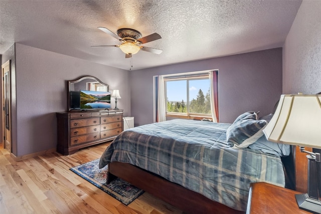 889 Venture Rd, Fairplay, CO 80440 - bedroom featuring light wood-style floors, a textured ceiling, a textured wall, and a ceiling fan