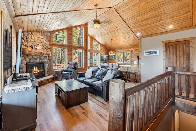 889 Venture Rd, Fairplay, CO 80440 - living area featuring wood ceiling, healthy amount of natural light, light wood finished floors, a stone fireplace, and high vaulted ceiling