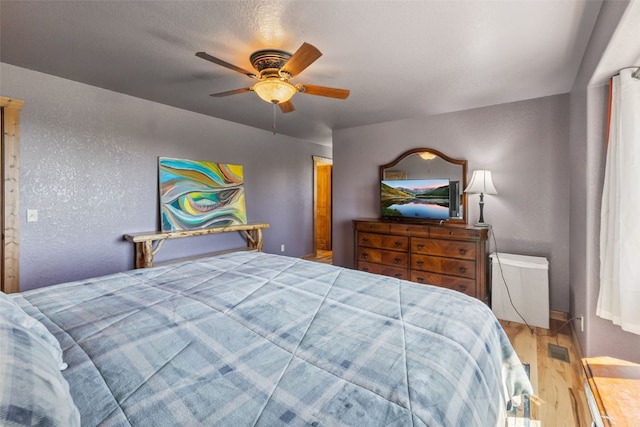 889 Venture Rd, Fairplay, CO 80440 - bedroom featuring wood finished floors, a ceiling fan, and a textured wall