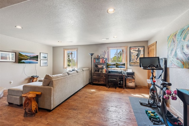 889 Venture Rd, Fairplay, CO 80440 - living area with a textured ceiling, light wood-style floors, an office area, and recessed lighting
