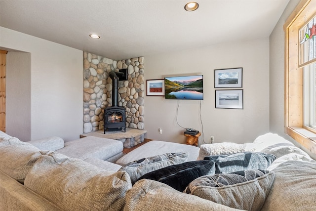 889 Venture Rd, Fairplay, CO 80440 - living area with a wood stove and recessed lighting