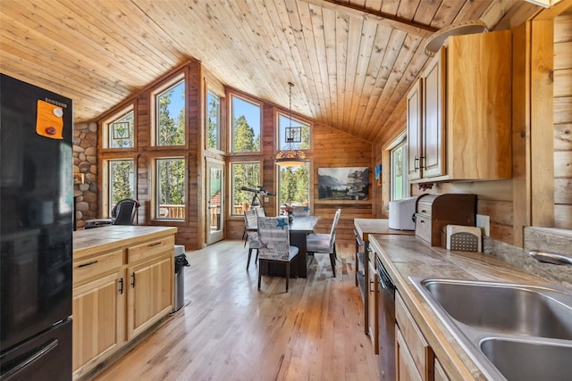 889 Venture Rd, Fairplay, CO 80440 - kitchen with tile counters, freestanding refrigerator, wood ceiling, dishwasher, and light wood finished floors