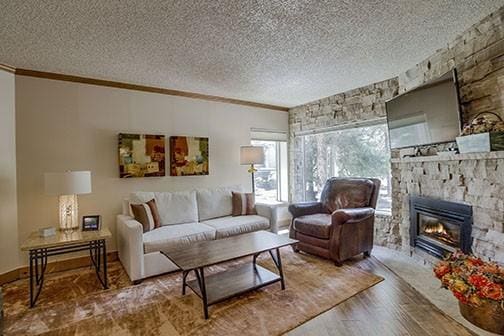 765 Columbine Rd Unit C103, Breckenridge, CO 80424 - living area featuring a textured ceiling, crown molding, wood finished floors, and a stone fireplace