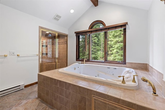 272 Doris Dr, Breckenridge, CO 80424 - full bath featuring a baseboard heating unit, a tub with jets, tiled shower, and recessed lighting