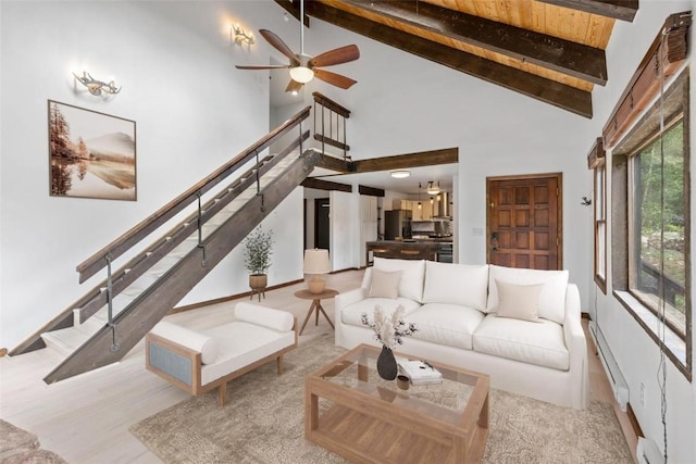 272 Doris Dr, Breckenridge, CO 80424 - living room with stairway, beamed ceiling, high vaulted ceiling, a ceiling fan, and wood finished floors