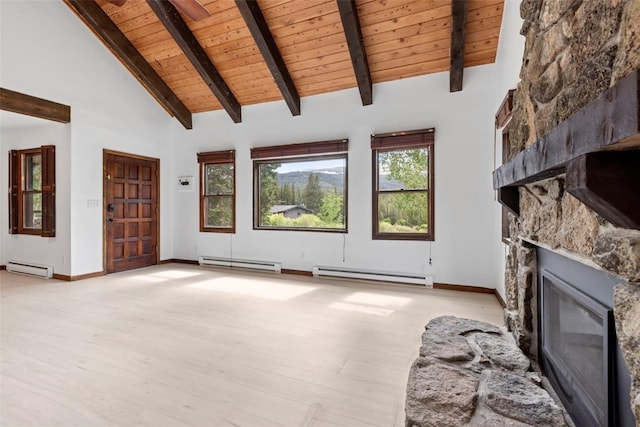 272 Doris Dr, Breckenridge, CO 80424 - unfurnished living room with a fireplace, wood ceiling with exposed beams, a baseboard radiator, a baseboard heating unit, and light wood-style floors