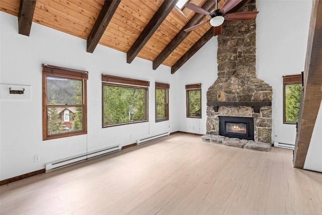 272 Doris Dr, Breckenridge, CO 80424 - unfurnished living room with a baseboard heating unit, a baseboard radiator, wood finished floors, high vaulted ceiling, and a ceiling fan