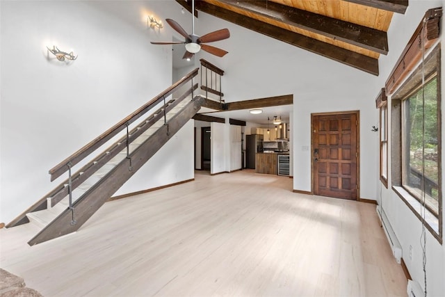 272 Doris Dr, Breckenridge, CO 80424 - unfurnished living room with stairway, wine cooler, beamed ceiling, baseboard heating, and light wood finished floors
