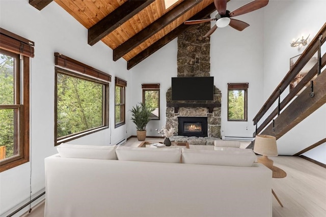 272 Doris Dr, Breckenridge, CO 80424 - living room featuring a baseboard radiator, wood ceiling with exposed beams, healthy amount of natural light, stairs, and light wood-type flooring