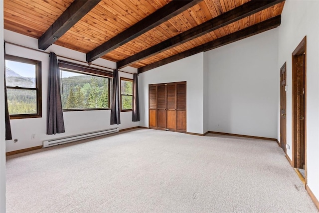 272 Doris Dr, Breckenridge, CO 80424 - carpeted spare room featuring a baseboard radiator, wood ceiling, and baseboards