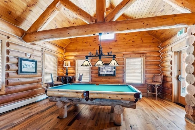 188 Tip Top Trl Unit 6558, Dillon, CO 80435 - rec room featuring billiards, log walls, light wood finished floors, wood ceiling, and baseboard heating